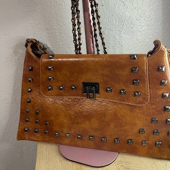 Studded Tan Leather Shoulder Bag - Picture 11 of 12